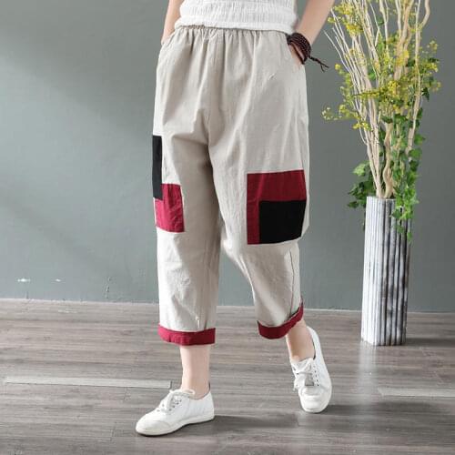 Spring Summer New Arts Style Women Elastic Waist Ankle-length Loose Pants Patchwork Design Cotton Linen vintage Harem Pants D01
