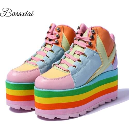 Macarone Color Flat Platform Shoes Woman Cross-Tied High Heels Mixed Patchwork Spring Autumn Casual Shoes Zapatos Mujer