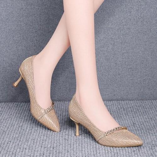 Womens shoes 2021 new mid-heel pumps ladies fashion casual shoes catwalk high heels banquet dress shoes Slip-On Sequined Cloth