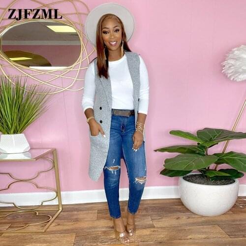 2021 Casual Simple Women Sleeveless Double Breasted Vest Jacket Elegant Fashion Wear Waistcoat Pockets Slim Fit Long Outerwear