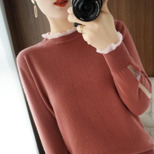 Ladies pullover 2021 autumn/winter new casual stitching 100% wool sweater round neck cashmere sweater thick ladies top