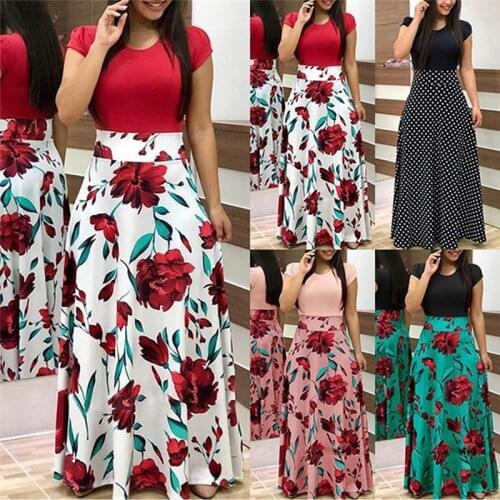 Women Patchwork Long Dress Vintage Floral Print Short Sleeve Party Maxi Dress Female Summer O-neck Long Sundress Plus Size