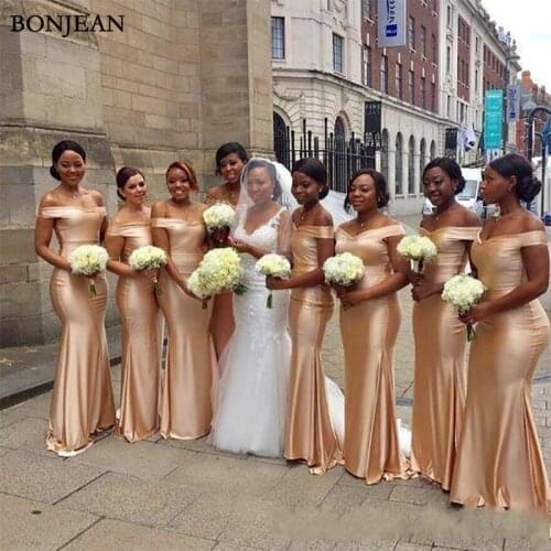 New Gold Cheap Mermaid Bridesmaids Dresses Floor Length Pleated Off Shoulder Formal Maid of Honor Dress Wedding Guest Dress