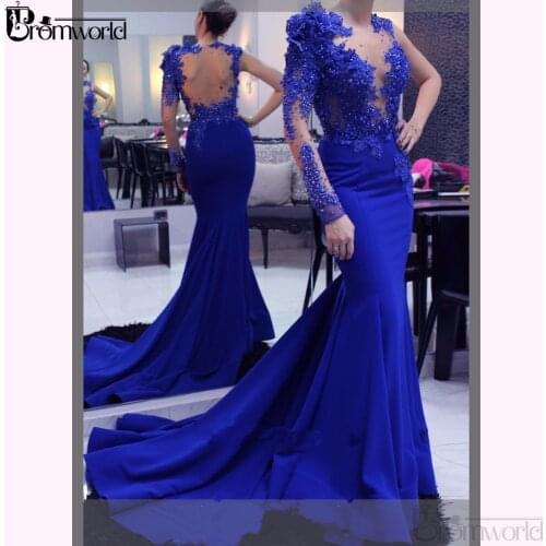 2020 Long Evening Dress Mermaid Royal Blue Formal Party Dress Abendkleider Pearls Lace Arabic Evening Prom Gowns Robe De Soiree