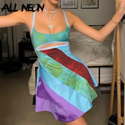 ALLNeon Vintage 90s Striped Patchwork Hollow Out Cami Dresses Y2K Aesthetics Cut Out A-line Mini Dress Summer Sexy Clubwear 2021