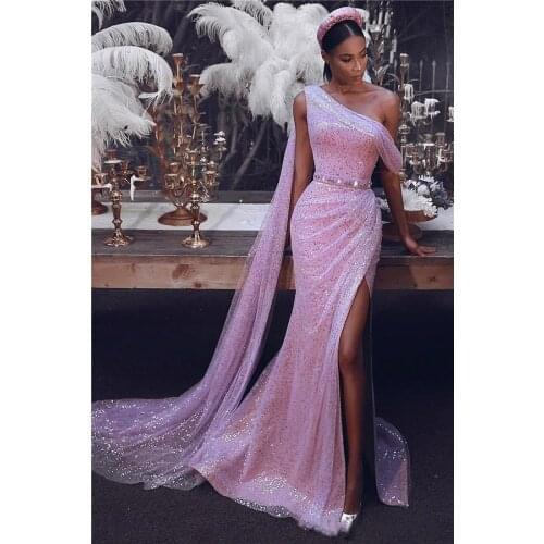2020 Sexy Pink Split Side Prom Dresses One Shoulder Mermaid Sequins Arabic Evening Gowns Backless Fashion Party Dress