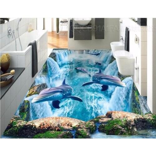 Custom photo 3d pvc flooring self adhesion wall sticker Wealthy waterfall dolphins bedroom wallpaper for walls 3 d