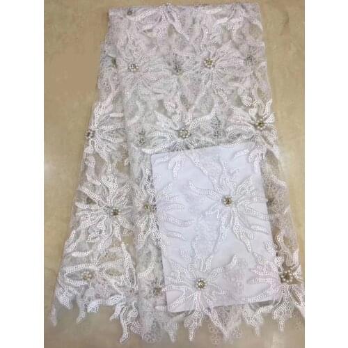 5yards/pc) high quality African tulle lace fabric white French net lace fabric with beads and embroidery for party dress FZZ124