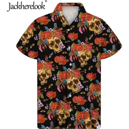 Jackherelook Rose Sugar Skull Mexican Print Cuban Guayabera Men Hawaiian Shirts Loose Gothic Floral Design Male Tops Chemise