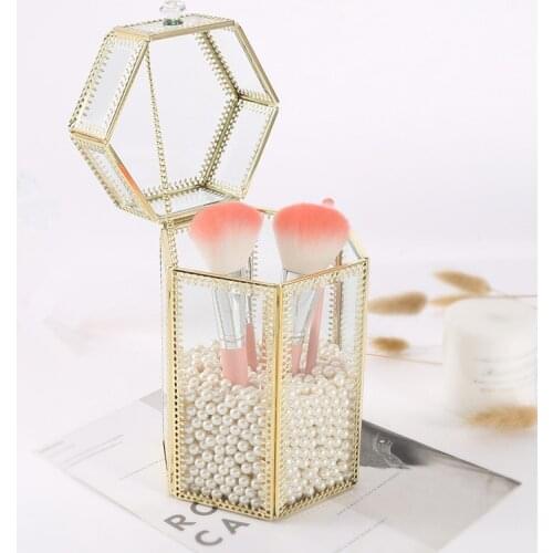 Hexagonal Makeup Brush Bucket Women Cosmetic Storage Box Office Desk Covered Pencil Pot
