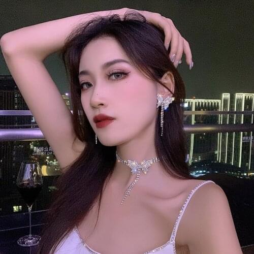 Korean new design fashion jewelry exaggerated luxury shiny full crystal butterfly necklace female party jewelry