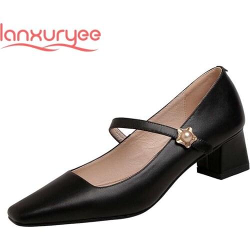 Lanxuryee 2021 full grain leather top quality square toe high heels Mary janes Korean street beauty girls dating women pumps L02