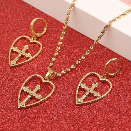 Fashion Heart Cross Pendant Necklace Earrings Copper Chain Religion Christian Jewelry Gift