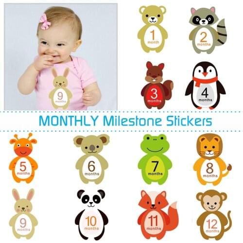 12pcs/Set Newborn Baby Month Milestone First Year Onesie Belly Stickers Pack Fox Bear Woodland Infant Monthly Growth Photo Props