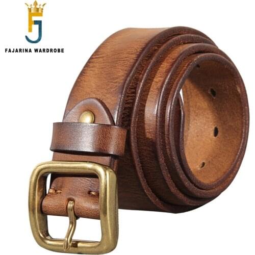 FAJARINA Top Quality Men‘s Retro Cowhide Leather Belts Solid Pure Cow Skin Brass Pin Buckle Metal Belt for Men 3.8cm N17FJ886