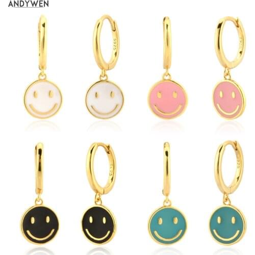 ANDYWEN 925 Sterling Silver Gold White Pink Enamel Smile Drop Earring Black Clips Pendiente Spring Summer Jewelry For Women Gift