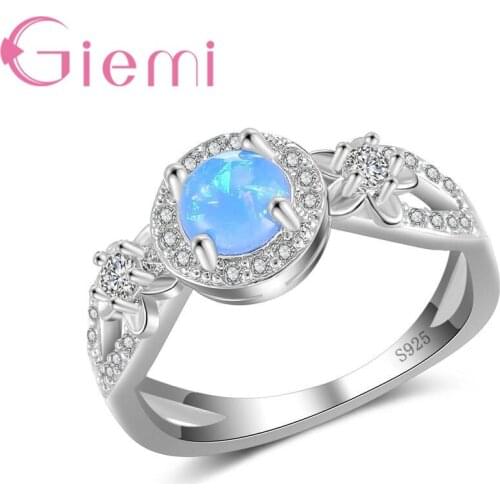Unique Ocean Blue Opal Crystal Rings with Wide Cross Band High Quality 925 Sterling Silver Original Jewelry for Ladies