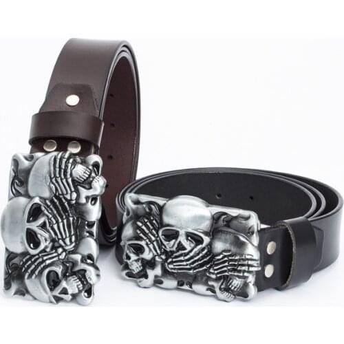 Western cowboy mens leather skull belt buckle trend all-match pure leather belt