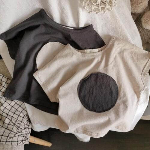 Retro Korean Boys and Girls Unisex Wind Circle Patch Washed Cotton Loose Short Sleeve T-shirt P4149