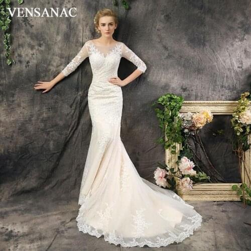 VENSANAC Illusion O Neck Mermaid Lace Appliques Sweep Train Wedding Dresses Three Quarter Sleeve Backless Bridal Gowns