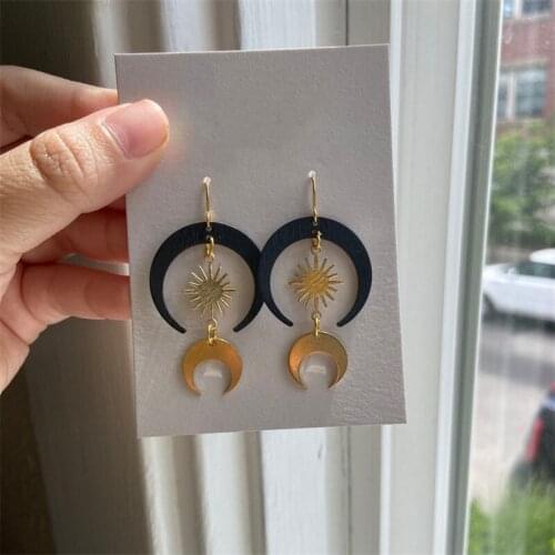 Solar, Celestial Bodies Dangle Earrings, Gold Crescent Moon Drop Earrings