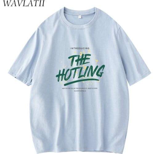 WAVLATII Green Printed Summer Tees for Women Cotton Female Blue T-shirts Tops WT2148