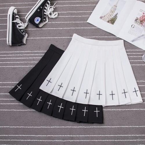 Elastic Waist Cross Embroidery Skirt Pleated Skirt Women Harajuku Sweet Fresh Feeling High Waist Pleated Skirt