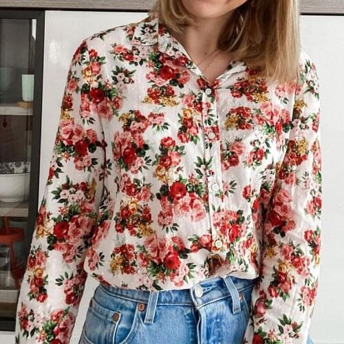 Rose Bouquet Print Blouse Woman Turn-down Collar Long Sleeve Buttons Up Shirts Tops Autumn Vintage Chic chemises femme Mujer