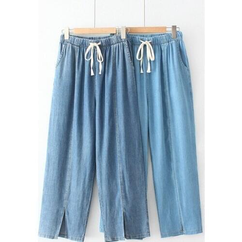 Large Size Womens Spring Loose-waisted Sky Silk Cotton Denim Trousers or Women Wide-footed Fork 2021 Autumn Plus Size Jeans