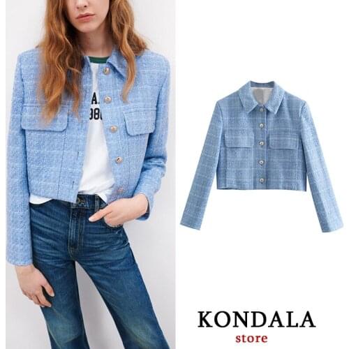 KONDALA Womens Blazer Za Plaid Print Pockets Single Button Short Jackets Spring Fashion 2021 Office Lady Blazer Cropped Tops