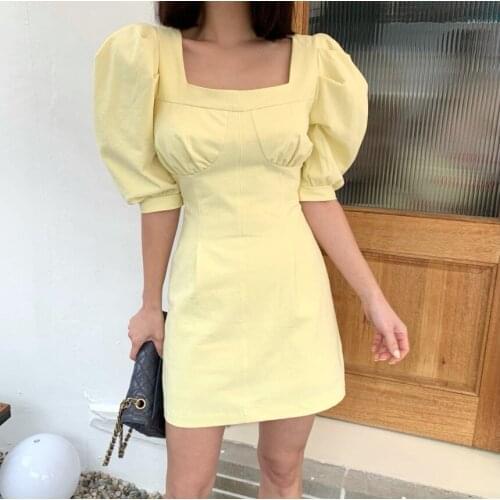 Korean Chic Mini Dress Women French Retro Square Collar Puff Sleeve Dress Hip Fitness Dresses Female