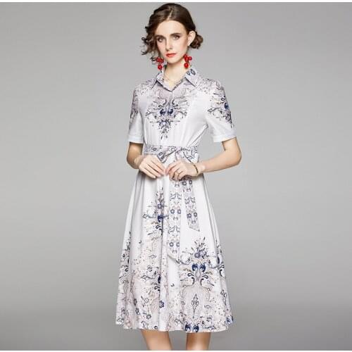 2021 Runway Womens Summer Floral Print Dress Fashion Designer Female Short Sleeve Vintage Lace-Up Bow Midi Dress Vestidos