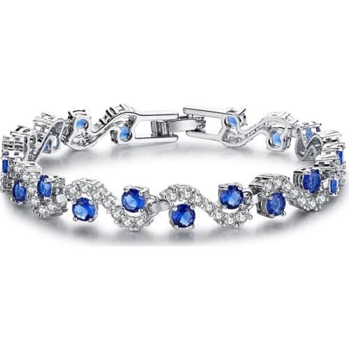 1 piece copper plated silver color wate-wave shape bracelets prong setting cubic zirconia princess cut chain bangles for women