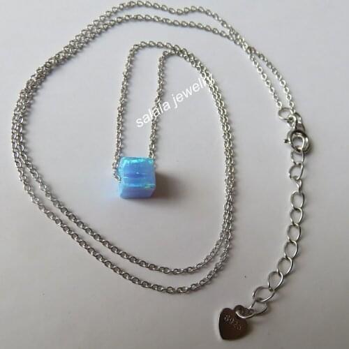 30pcs /lot OP06 5MM 925 Sterling Silver Square Cube Fire Opal Beads Necklace ,Light Blue Fire Cube Opal Necklace