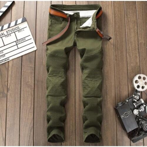 Biker Army Green Jeans Mens Skinny Slim Fit Patchwork Stretch Denim Moto Pants #7119-2