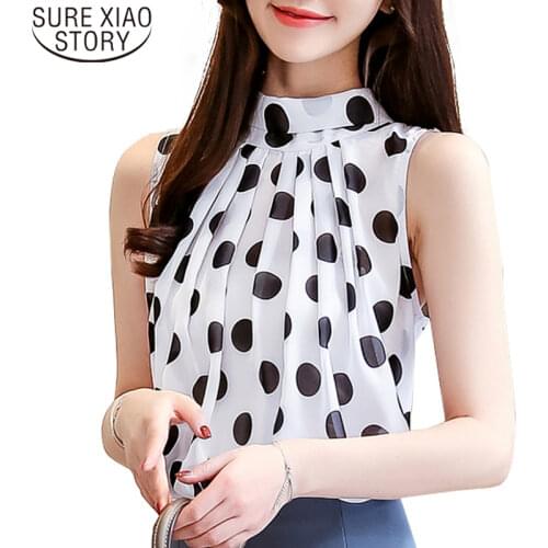 Blusas Mujer De Moda 2021 Korean Sleeveless Top Women Chiffon Shirt Summer New Fashion Clothes Polka Dot Blouse 9541