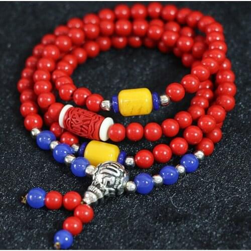 Hot sale Taiwan synthetic red cinnabar 6mm round beads multilayer bracelet unisex wrap bangle 108 long chain pendant jewelry A4