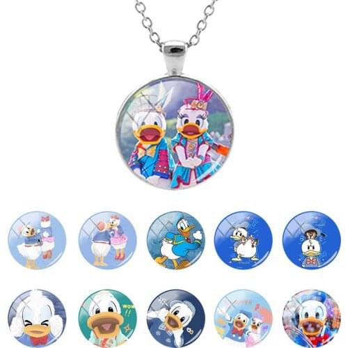 Disney Donald Duck Cute Photo 25mm Glass Dome Pendant Long Chain Necklace for Lovely Kids Gifts Cabochon Jewelry Hot Sale DSY959