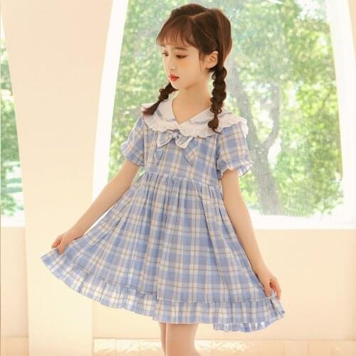 Summer Light Dress For Girls Fashion Plaid Print Loose Ruffles Hem Bow Knee Length Gowns Kids Casual Dresses Children Clothing