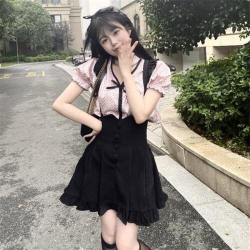 Sweet Cute Girl Wears Halter Dotted Shirt Suit Female Summer 2020 New Style Black Suspender Skirt Two-Piece Set lolita dress