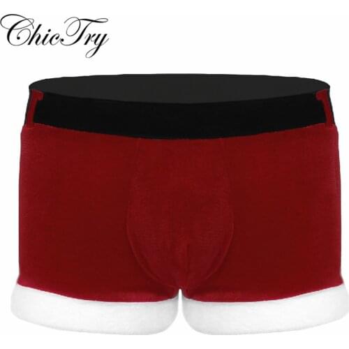 Newest Fashion Mens Soft Velvet Santa Christmas Holiday Fancy Cosplay Costume Boxer Shorts Underwear Panties for Theme Party