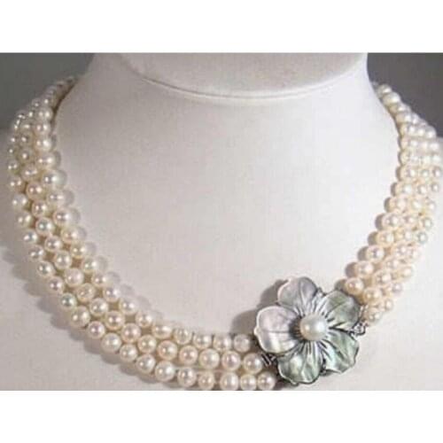 VERY CHARMING 3 ROW 8-9MM AA+ WHITE AKOYA NATURAL PEARL NECKLACE 17INCH - 19 IN