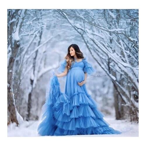 Charming Blue Bridal Pregnancy Photo Shoot Dresses Short Sleeves Ruffles Fluffy Women Plus Size Long Tulle Dressing Gown