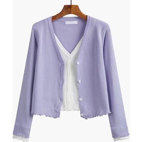 Solid color Knit Cardigans Sweater Women V Neck 2021 Spring Female Fake two Thin Long sleeve Short Casual Tops Pull Femme