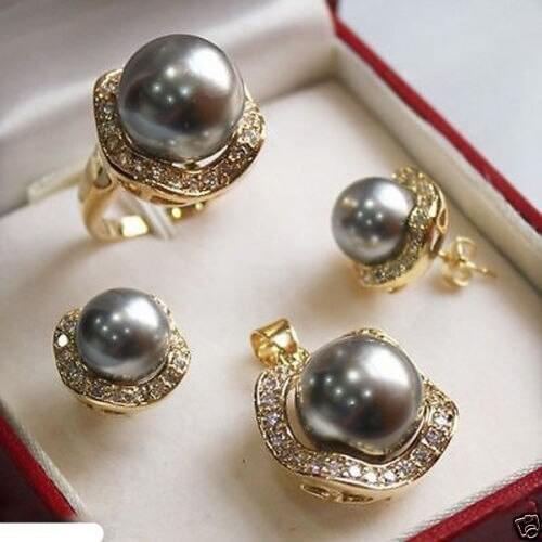 Prett Lovely Womens Wedding shipping>>Set 10mm &14mm gray South sea Shell Pearl Earrings Necklace Ring size 7 8 9