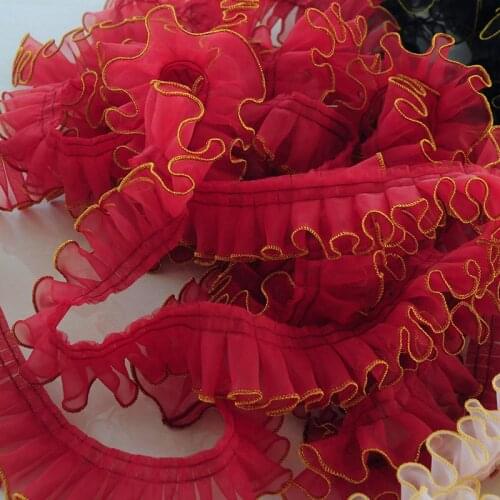 5Meters 5CM Wide New Pleated 3D Guipure Lace Ruffle Trims Fold Organza Lace with Gold Edge DIY Sewing Dress Headwear Doll Dress