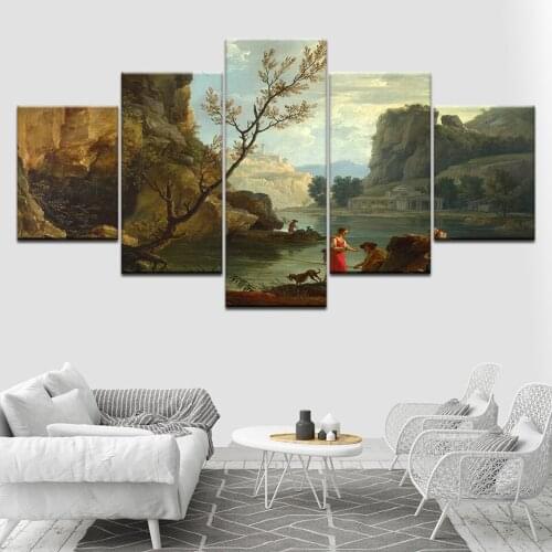 The river with fishermen 5 Piece Wallpapers Art Canvas Print modern Poster Modular art painting for Living Room Home Decor