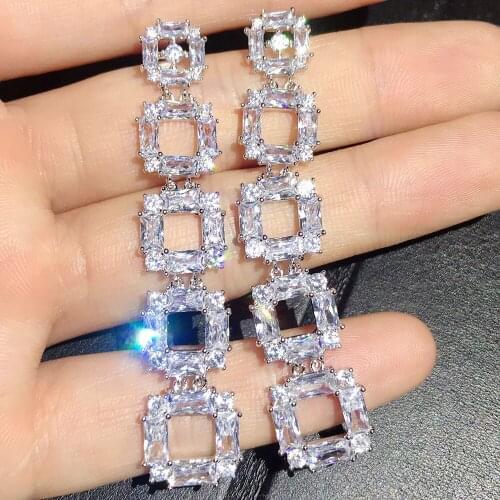 Luxury Punk Zircon Long Dangle silver color Drop Earrings White Gold Look Chain Shape Jewelry For Female Anniversary