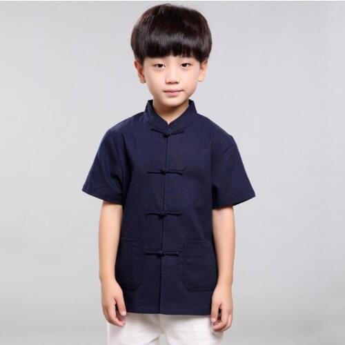 2019 Chinese Style Summer Baby Toddler Teen Boy Clothing Cotton Linen Kids Boys Shirts Children Short Sleeve Clothes Tops JW8101