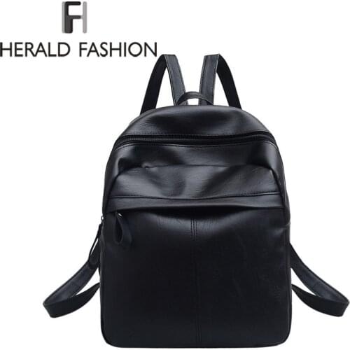 Herald Fashion Quality PU Leather Women Backpack Fashion Solid School Bags For Teenager Girls Casual Women Black Backpacks